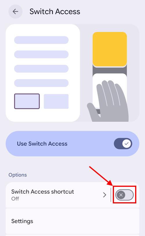 Tap the toggle switch for Switch access shortcut to turn it on